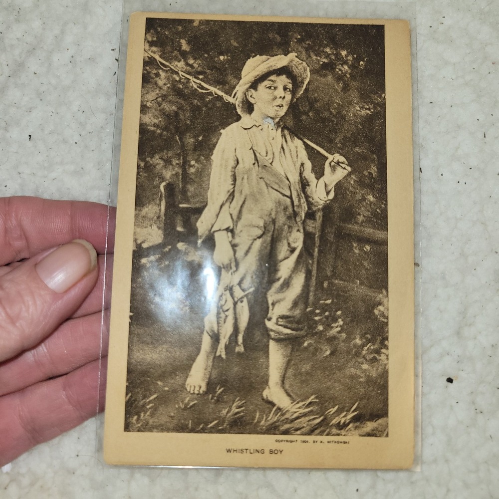 T. P. & Co. Whistling Boy Postcard Unisex OS Sepia Excellent 1904 Fishing Art